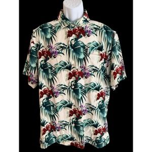 Tommy Bahama 100% Silk Hawaiian Camp Shirt L‎ Tropical Floral Palm Print Resort